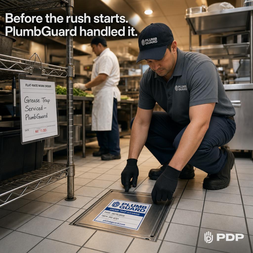 The grease trap was serviced before the first ticket hit the line.

That's the point of PlumbGuard.

Not a call at 6 PM when the drain backs up into a Friday dinner rush.
Not an emergency dispatch with an after-hours surcharge attached.

A scheduled service, completed quietly, before anyone had a reason to worry.

Our plumbers aren't on commission. They're not selling you a bigger job.
They show up, do the work, and leave the kitchen ready.

Flat rate. No surprises. 24/7 with no extra charges.

If you're running a commercial kitchen without a PlumbGuard plan, you're one backed drain away from a problem that could have been prevented for pennies on the dollar.

Ask us what a PlumbGuard service schedule looks like for your operation.

#PlumbingServices #GreaseTrapCleaning #PlumbGuard #RestaurantOperators #PlumbingAndDrainProfessionals
