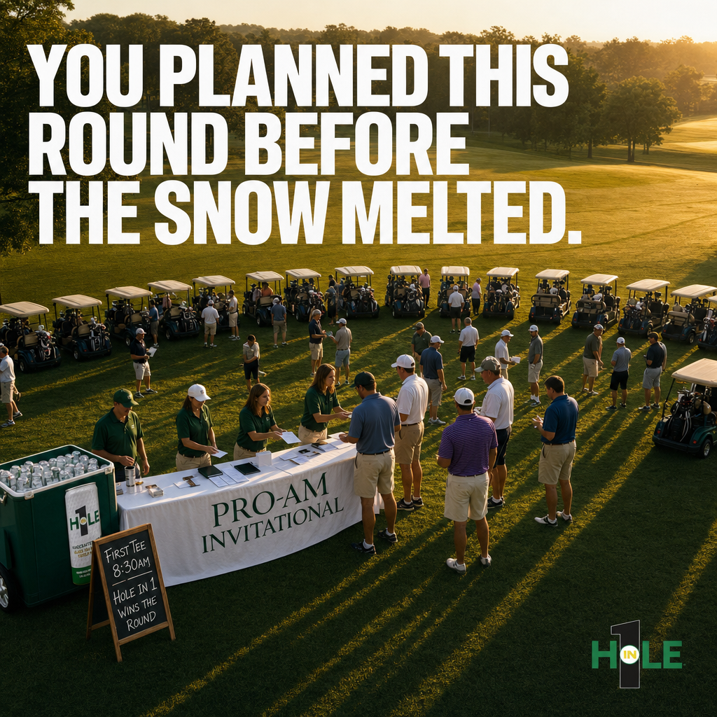 The tee sheet filled up in December.

Before the holidays. Before the travel. Long before anyone checked the forecast.

That's what a pro-am does to a foursome — it becomes the thing you build the whole winter around.

Now it's morning. The carts are lined up. The chalkboard says 8:30.

And the cooler is cold.

Hole in 1 at the registration table is not an accident. It's the punctuation on four months of planning.

Go make the round worth it.

#holein1cocktail #progolfam #golfculture #golfers #holein1