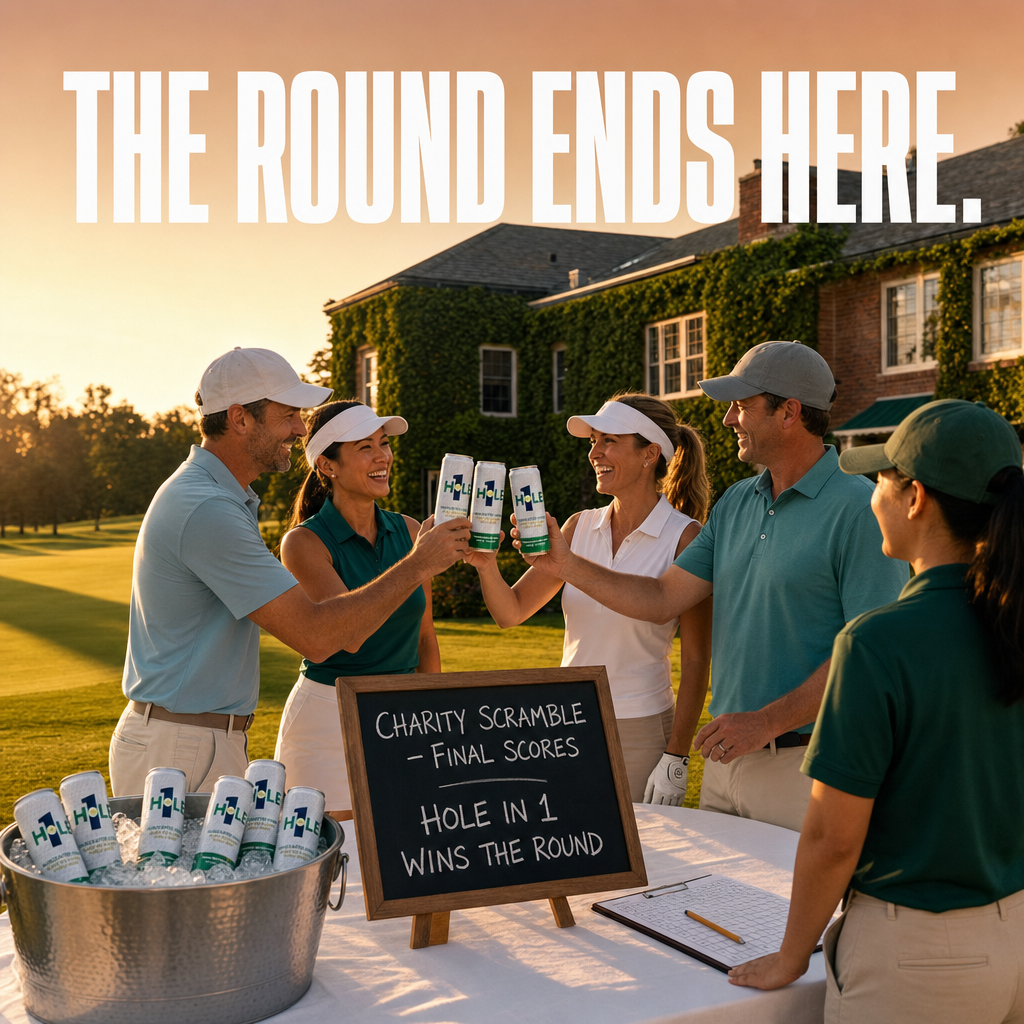 The charity scramble wrapped. Scores posted. Four cans up.

This is the part nobody talks about enough — the scoring table moment, right after the last putt drops and before anyone checks their phone.

Hole in 1 was in the ice tub. Cold. Ready. Like it had been waiting all afternoon.

Honey sweetness, clean finish, cold can in hand. That is what the 18th deserves.

Buy a round. You earned it.

#GolfLife #CharityScramble #19thHole #GolfersOfInstagram #HoleIn1Cocktail