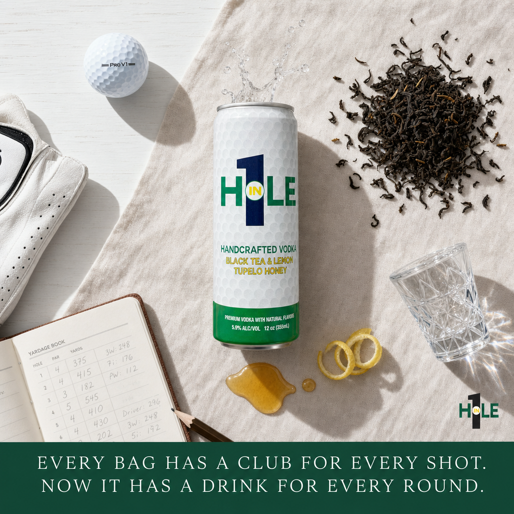 Every bag has its hierarchy.
Driver off the tee. Wedge into the green. Putter to close.
You don't guess which club to pull. You know.
The round deserves the same thinking.
Hole in 1 is what goes in the bag when you finally stop settling for whatever's cold in someone else's cooler.
Black tea. Tupelo honey. Vodka. Lemon.
Built for the back nine and everything after.
Know your clubs. Know your drink.
#HoleIn1Cocktail #GolfLifestyle #RTDCocktail #GolfersOfInstagram #19thHole