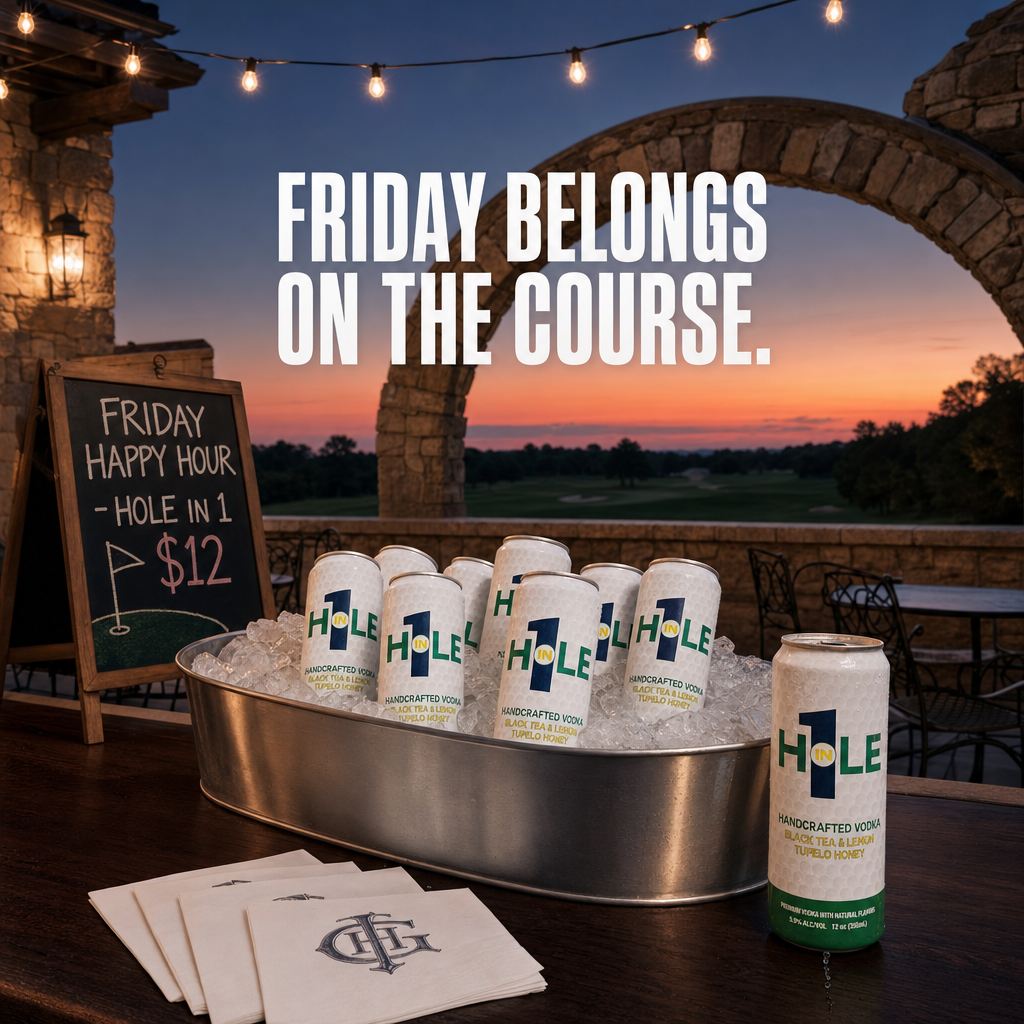 Friday at 5:00 means one thing at a good club.
The terrace is set. The ice tub is full. The chalkboard already has your order written on it.
Hole in 1 at happy hour is not a coincidence. Vodka, black tea, Tupelo honey, lemon. Twelve cold cans waiting on the bar.
The round is done. The 19th hole is the only hole left.
Meet you out there.
#HoleIn1Cocktail #19thHole #GolfLifestyle #FridayOnTheCourse #HoleIn1