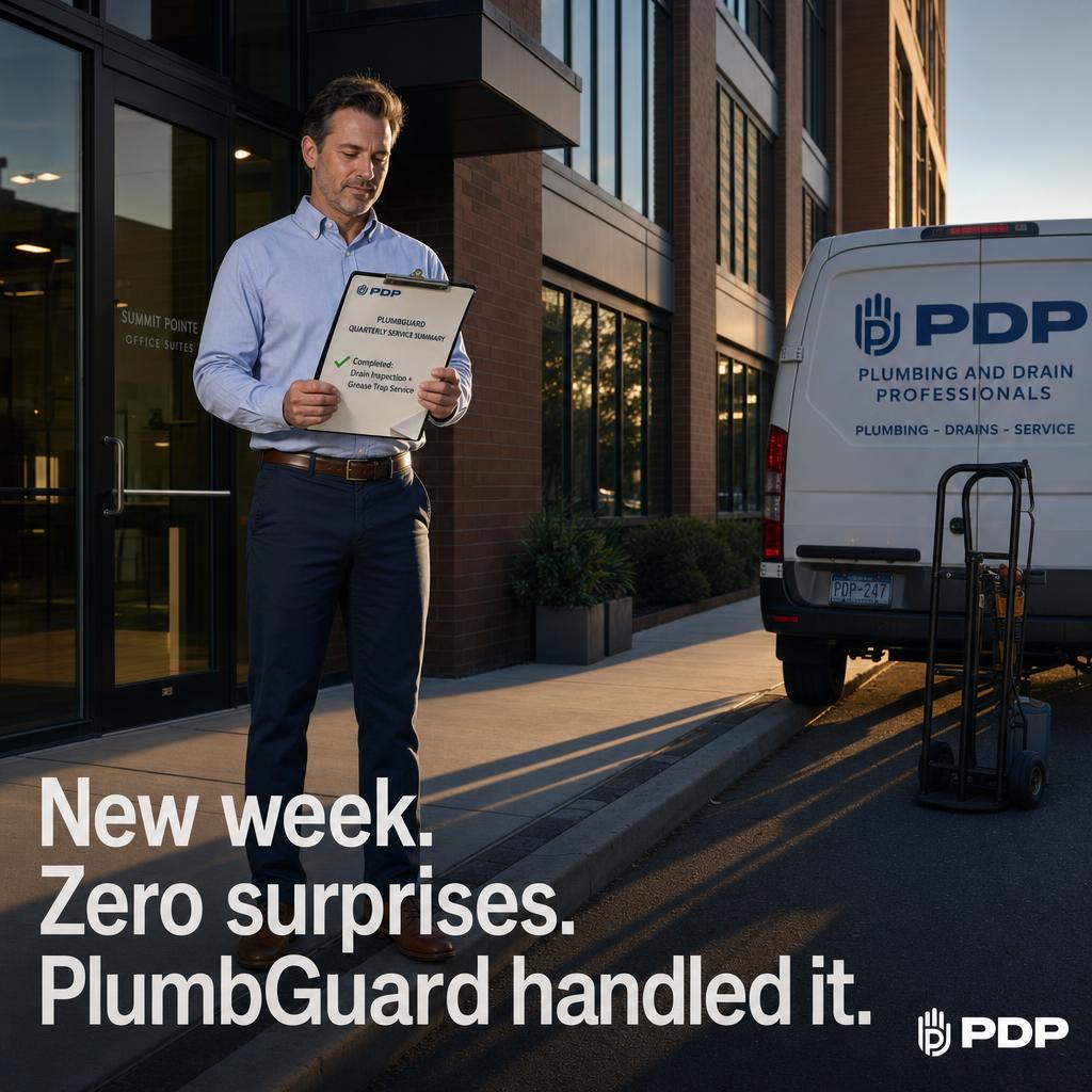 Monday morning already handled.

The drain inspection was done Saturday. The grease trap service is logged and green-checked. The clipboard confirms it before the first tenant walks in.

That's PlumbGuard. Scheduled, completed, and documented before the week has a chance to create a problem.

Property managers running commercial buildings don't have time for mid-week plumbing surprises. Neither do their tenants. PlumbGuard keeps the inspection cycle running quietly in the background so the building stays operational and the work orders stay routine.

Our plumbers are not paid on commission. They show up to do the job, not to find the upsell.

Ask us about PlumbGuard for your property.

#commercialplumbing #PlumbGuard #propertymanagement #plumbinganddrainprofessionals #drainmaintenance