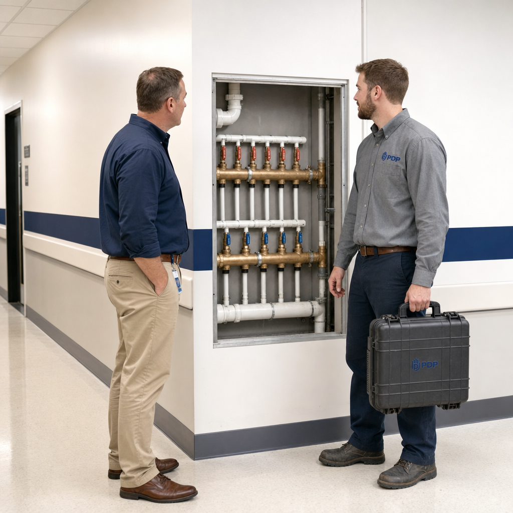 Hospital facilities teams don't have time for surprises.

A PlumbGuard visit at this Columbus-area medical facility covered shutoff valve verification and supply line inspection before any issue had a chance to form.

The technician documented everything on-site. The facilities director walked away with a confirmed next service date and a verified card on the alcove latch.

That's what proactive looks like in a patient-wing corridor.

No commission. No upsell. Just a complete inspection and a clear record, 24/7 with no extra charges.

If your facility runs on reliability, PlumbGuard was built for you.

#CommercialPlumbing #HospitalFacilities #PlumbGuardVerified #FacilitiesManagement #PlumbingAndDrainProfessionals