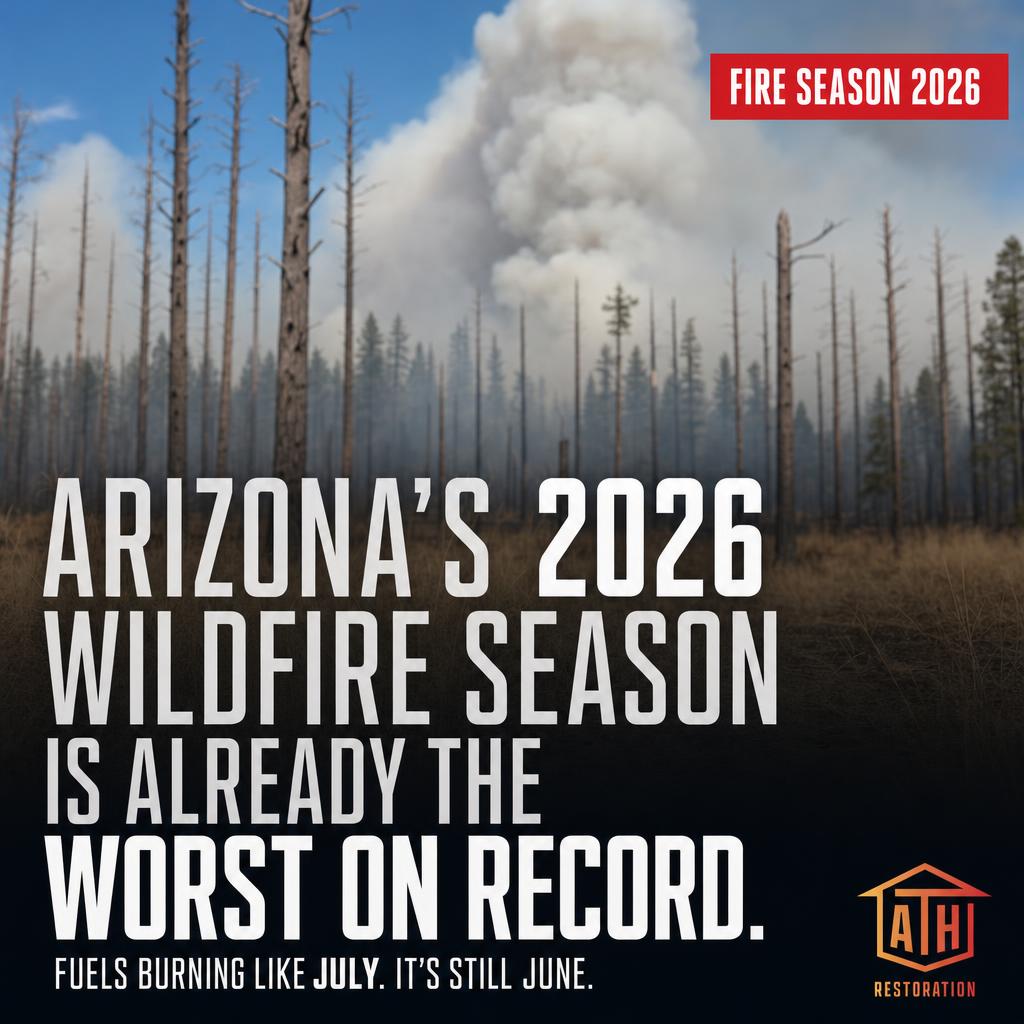 Arizona's 2026 wildfire season outlook is 'dire' - and every expert consulted by The Arizona Republic says this year is categorically worse than some previous years.

University of Arizona ecologist Rachel Mitchell reports that forest fuels already look like May-June levels as of April. Peak fire season arrived weeks early.

Clark University forest scientist Dominik Kulakowski put it plainly: 'The fire season's going to be rough. I think we should be prepared for the worst.'

Between 2015 and 2024, the number of fires burning over 10,000 acres in Arizona tripled, per federal geospatial monitoring.

If your home takes ember damage, smoke infiltration, or structural loss this season, one call covers everything. AZ Total Home Restoration handles fire damage assessment, smoke mitigation, soot removal, and full reconstruction. IICRC-certified. 24/7 response.

#ArizonaWildfire #FireDamageRestoration #WildfireSeason2026 #AZTotalHomeRestoration #PhoenixRestoration