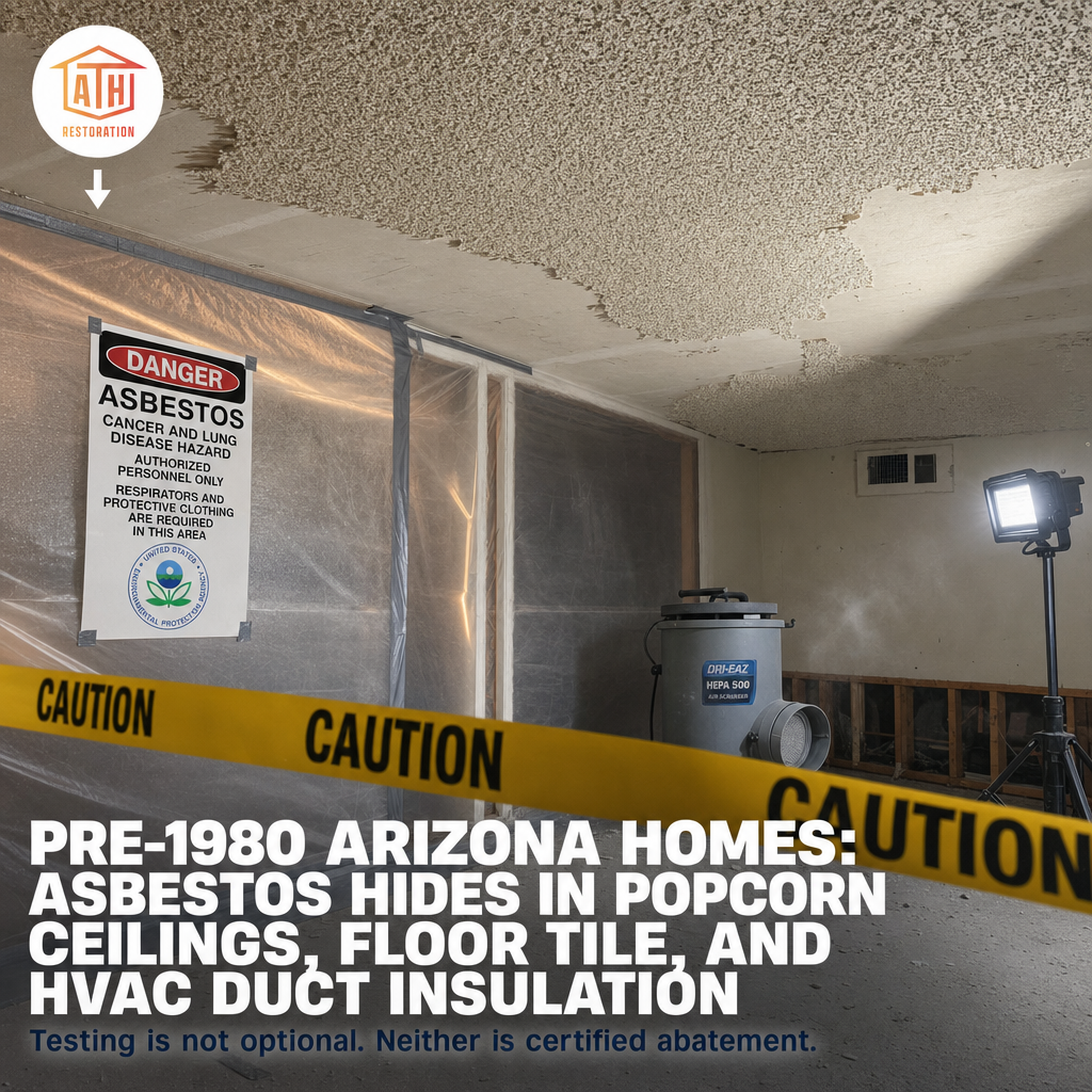 EPA NESHAP regulations and Arizona DEQ standards make one thing clear: asbestos in older homes is not a cosmetic issue. It is a regulated hazard that requires certified intervention before demolition or renovation begins.
Arizona homes built before 1980 commonly contain asbestos-containing materials in popcorn ceiling texture, vinyl floor tile mastic, and HVAC duct insulation. Popcorn ceilings applied before 1978 are among the most frequently disturbed ACM found during post-water-damage demo in East Valley properties in Chandler, Gilbert, and Mesa.
EPA NESHAP requires written notification and certified contractor involvement before any renovation or demolition disturbing ACM above threshold quantities. Arizona DEQ standards also require post-abatement air sampling by a certified industrial hygienist before an area can be released for reconstruction. Skipping either step is not a paperwork problem. It is an occupant safety and regulatory compliance failure.
At AZ Total Home Restoration, IICRC-certified abatement is built into every older-home restoration scope. One call covers testing, containment, certified removal, and clearance. No gaps. No second calls.
#AsbestosAbatement #ArizonaRestoration #WaterDamageRestoration #OlderHomeRenovation #EPACompliance #IICRCCertified #AZTotalHomeRestoration #EastValleyHomes #MoldAndAsbestos #HomeSafety #ChandlerAZ #GilbertAZ #MesaAZ #CertifiedRestoration #OneCallTotalRestoration