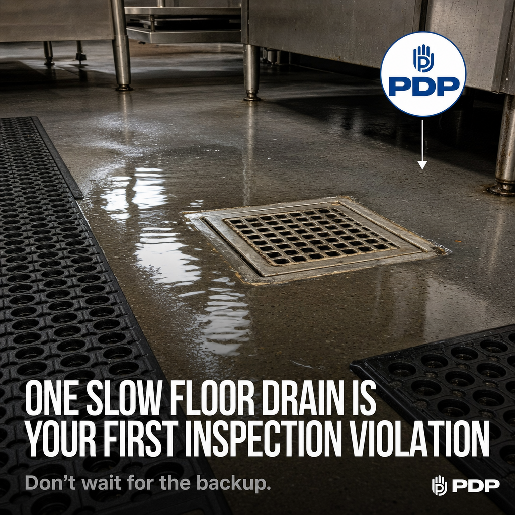 A slow-draining commercial kitchen floor drain is not a maintenance backlog item. It is the first observable signal that your grease trap is saturating or your mainline is partially blocked, and both conditions are citable violations under Ohio health department inspection standards.
Ohio health code requires kitchen drains to remove standing water within a defined time threshold. An inspector who watches water pool around your floor drain during a walk-through has grounds for a critical violation citation on the spot.
Grease trap saturation builds back-pressure that slows floor drains before any visible overflow occurs. Operators who wait for a full backup have already burned service hours and triggered a mandatory emergency pump-out at emergency call rates.
Hydro jetting a partially blocked drain line before peak service costs a fraction of an emergency dispatch. The inspection risk disappears with it.
At Plumbing and Drain Professionals, our non-commission technicians are available 24/7 with no surge pricing. PlumbGuard keeps Columbus-area kitchens ahead of the drain issue the health inspector will not miss.
#CommercialKitchen #PlumbingTips #HealthInspection #DrainCleaning #HydroJetting
