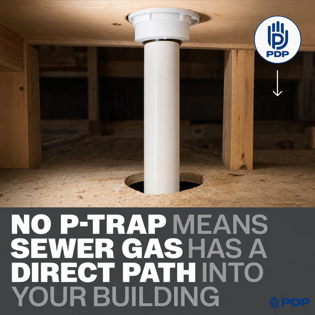 A post on r/Plumbing went up and 44 plumbing professionals responded within hours: a straight vertical drop drain with zero trap installed is a code violation, full stop.

The drain ran straight from the sink cabinet floor to the subfloor with no P-trap at all. No curve, no water seal. Forty-four comments confirmed the same thing: wrong, and not a minor wrong.

A missing trap means sewer gases have a clear, unobstructed path from the drain line into the occupied space. That is not an inspection flag to schedule. It is a health and safety problem today.

Commercial operators who acquire or inherit buildings carry this risk without knowing it. Restaurants, schools, property portfolios — unknown plumbing histories are the norm, not the exception.

Our non-commission technicians do not look for upsell opportunities. They look for what is actually wrong. If you manage properties with plumbing you did not originally install, PlumbGuard gives you a documented baseline before the problem finds you. Available 24/7 with no extra charges.

#PlumbingTips #CodeCompliance #PTrap #SewerGas #CommercialPlumbing
