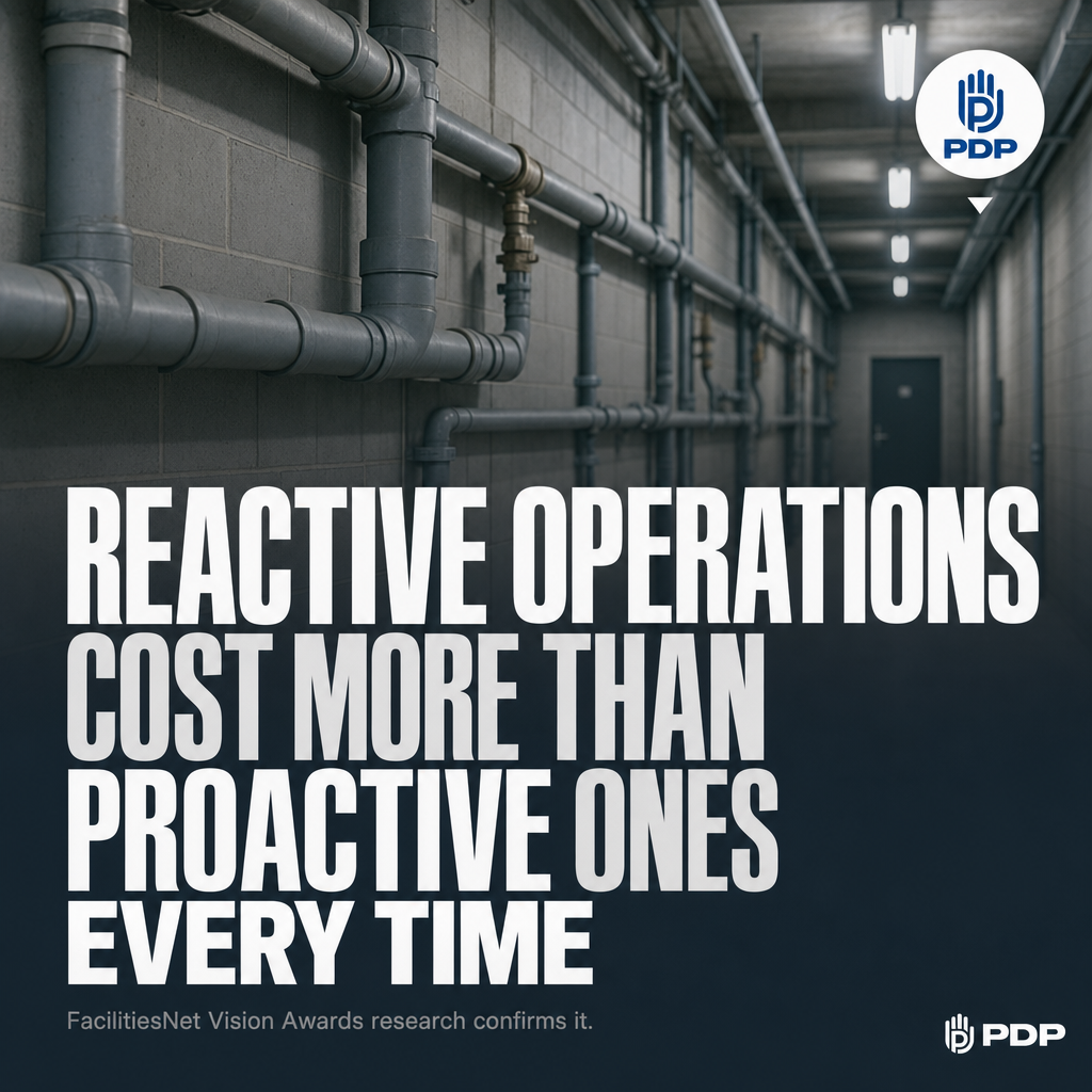 FacilitiesNet Vision Awards research identifies reactive building operations as the primary obstacle facilities managers must overcome. Not budget. Not staffing. The operating model itself.

The research recognizes best practice as prioritizing operational excellence before turning to costly capital upgrades. That sequence matters. Proactive maintenance delivers a higher return than deferred fixes followed by emergency spend.

FacilitiesNet covers facility types including data centers, education, health care, government, and commercial office. Those are the same operators who call us after a drain failure at 11 p.m. on a Friday.

For Columbus-area property managers, school administrators, and healthcare facility operators, PlumbGuard is the proactive move. Scheduled inspections, early intervention, and 24/7 availability with no extra charges. Fix the system, not just the symptom.

#PlumbGuard #ProactiveMaintenance #FacilitiesManagement #CommercialPlumbing #ColumbusBusiness