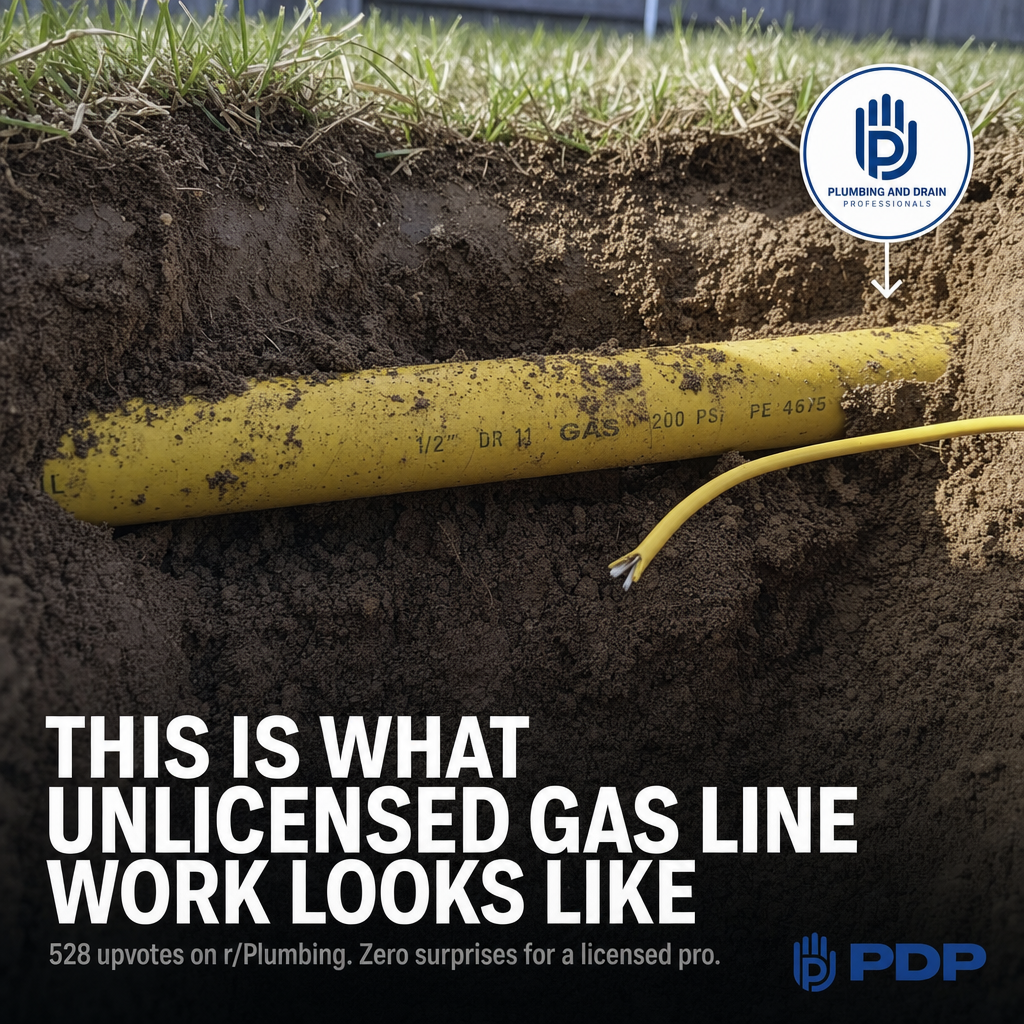 A backyard fire pit gas line buried dangerously too shallow drew 528 upvotes on r/Plumbing — and the consensus was immediate: this is not a minor code technicality, it is an active hazard.

Two details made it worse. The tracer wire, which exists specifically so future contractors can locate the buried line, was cut halfway through rather than connected end to end. That makes the line effectively unlocatable after burial. Grass was then planned to go directly over the top, hiding the problem from anyone who would later dig, plant, or build nearby.

The thread framed it plainly: unlicensed gas work does not just risk a fine. It buries a hazard that the next contractor, the next tenant, or the next emergency responder has no way to see coming.

For commercial property operators and facility managers in Columbus, the cost of a licensed inspection is predictable. The cost of what this thread documented is not. Our non-commission technicians flag what needs fixing and explain exactly why. No upsell. No pressure. Just the straight answer, 24/7 with no extra charges.

#PlumbingAndDrainProfessionals #GasSafety #LicensedPlumbing #CommercialPlumbing #PropertyManagement