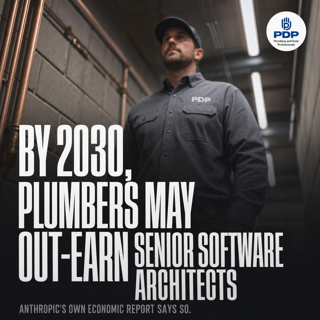Anthropic's Economic Report projects that by 2030, plumbers and electricians may carry more pricing power than senior software architects. That finding spread fast across X, amplified by accounts including @DocumentingAGI and @shiri_shh, with cluster tracking confirming the cross-account reach.

The reason is straightforward. Licensed hands-on trades cannot be automated the way knowledge work can. Anthropic's own modeling singles out plumbers and electricians specifically because the work requires physical presence, judgment in the field, and a license that takes years to earn.

For Columbus operators who depend on qualified plumbing professionals, this reinforces something worth knowing: the technicians showing up at your facility are skilled tradespeople whose expertise is only going to become harder to replace. At Plumbing and Drain Professionals, our non-commission technicians bring that expertise to commercial kitchens, mechanical rooms, and school facilities, 24/7 with no extra charges.

#PlumbingProfessionals #SkilledTrades #ColumbusOhio #TradesLife #PlumbingCareer