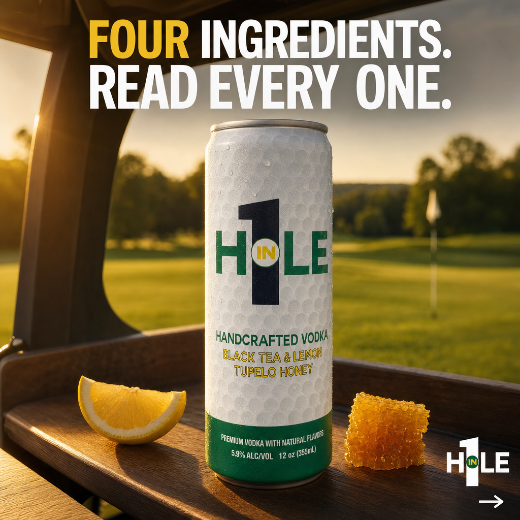 Most golfers spend real money on their clubs, their shoes, their bags.

Then they reach into the cooler and pull out a hard seltzer made for a beach nobody on the back nine has ever been to.

Hole in 1 is four ingredients.

Premium vodka. Black tea. Real lemon. Tupelo honey.

No artificial sugars. No filler. Nothing that doesn't belong.

It was built for the 18 holes, not for a lifestyle campaign that has nothing to do with yours.

The golfer who picks better equipment, books better tee times, and plays with better people already knows the bar.

The drink in the cart should meet it.

Sip the Moment.