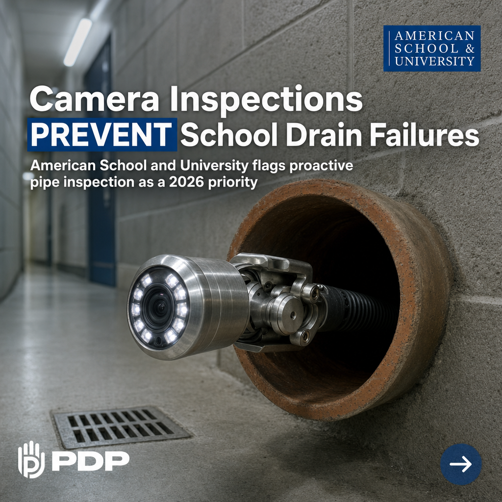 American School and University flagged proactive pipe inspection as a leading preventive maintenance priority for K-12 and higher-ed facilities in 2026. The case is straightforward: camera inspections let school facilities managers identify failing drains and sewer lines before they escalate. When schools skip this step, undetected pipe failures can force building closures and generate repair costs that far outpace routine inspection investment. Swipe through to see how the reactive-versus-proactive gap plays out, and save this if you manage facilities where a drain failure would mean shutting doors. For Columbus-area school operators, PlumbGuard from Plumbing and Drain Professionals puts scheduled camera inspection on the calendar before an emergency puts it on the invoice.
#SchoolFacilities #PlumbingMaintenance #PlumbGuard #PreventivePlumbing #ColumbusPlumbing