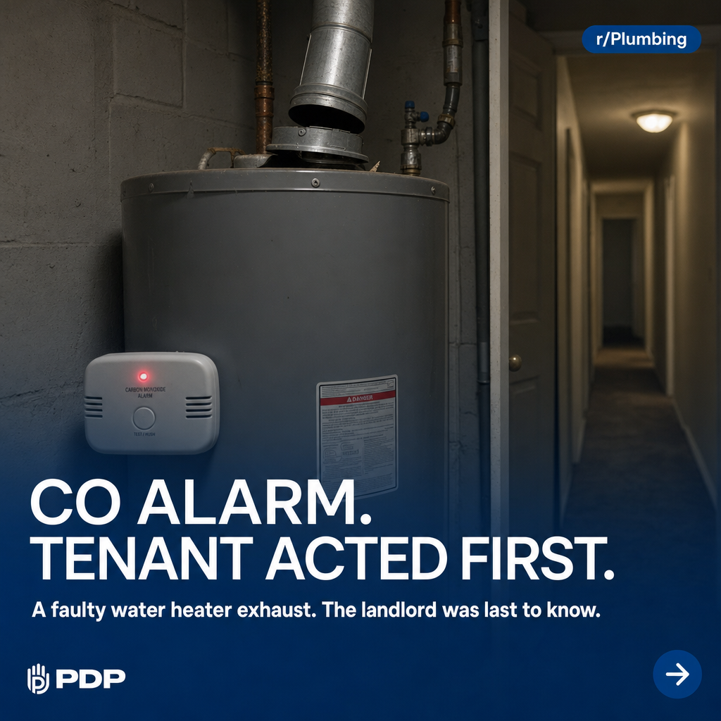 A post on r/Plumbing about a faulty water heater exhaust and a triggered CO alarm pulled 1,478 upvotes and 157 comments. That response is not surprise. It is recognition.
The scenario is specific: a tenant's carbon monoxide detector alarmed, the tenant located the problem, shut off the gas and the water heater, and only then informed the landlord. The property manager was not the first to know. The tenant was.
For operators managing multi-unit residential or commercial properties, that sequence is the risk. A misaligned flue collar is not a dramatic failure. It is the kind of slow-developing fault a scheduled water heater inspection catches before the CO detector does the job for you.
If you manage properties in Columbus, swipe through and save this one. It is a conversation worth having before it becomes a call at midnight.
#PlumbingMaintenance #WaterHeaterSafety #PropertyManagement #COSafety #PlumbGuard