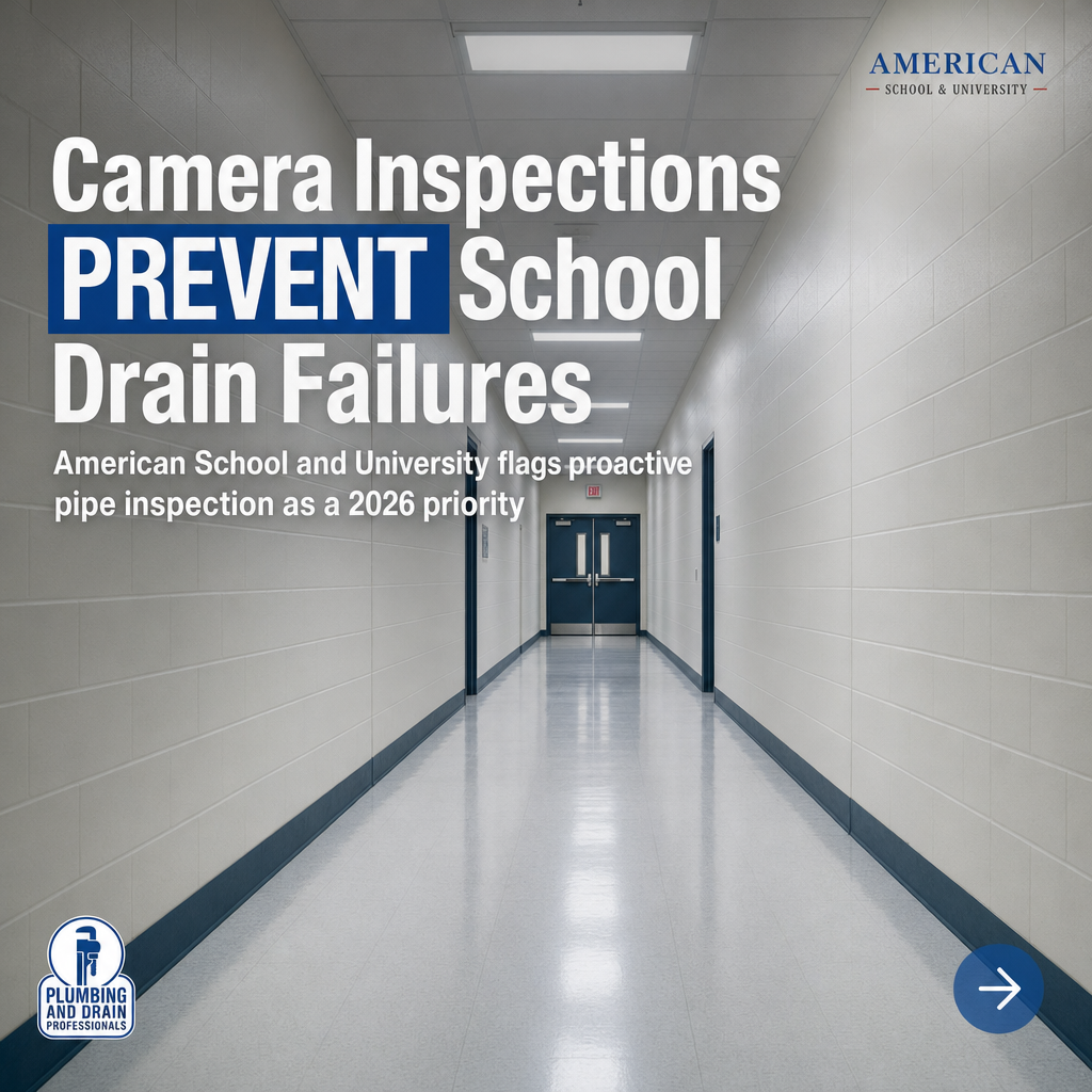 American School and University flagged proactive pipe inspection as a leading preventive maintenance priority for K-12 and higher-ed facilities in 2026. The case is straightforward: camera inspections let school facilities managers identify failing drains and sewer lines before they escalate. When schools skip this step, undetected pipe failures can force building closures and generate repair costs that far outpace routine inspection investment. Swipe through to see how the reactive-versus-proactive gap plays out, and save this if you manage facilities where a drain failure would mean shutting doors. For Columbus-area school operators, PlumbGuard from Plumbing and Drain Professionals puts scheduled camera inspection on the calendar before an emergency puts it on the invoice.
#SchoolFacilities #PlumbingMaintenance #PlumbGuard #PreventivePlumbing #ColumbusPlumbing